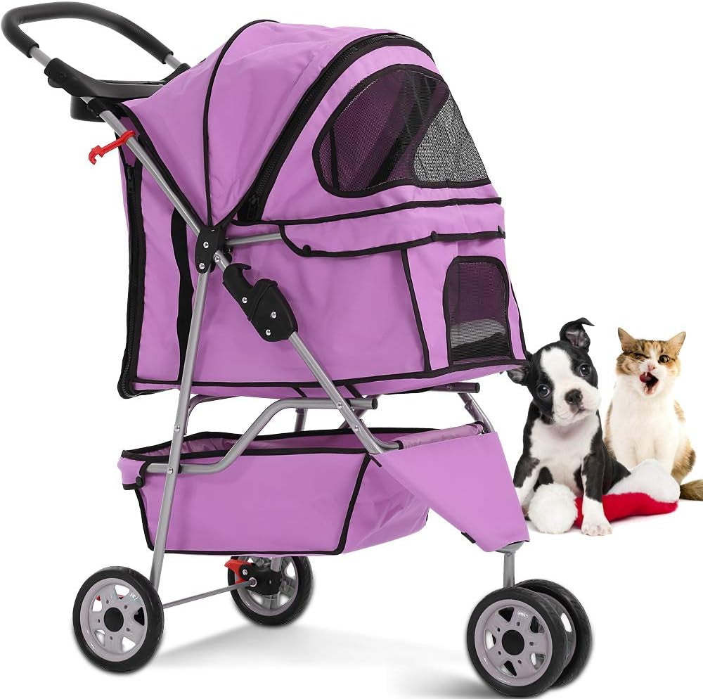 3-Wheel Pet Stroller, Lightweight Foldable Dog Stroller for Small Medium Dogs & Cats, Breathable Mesh & Weather Cover with Storage Basket, for Daily Walk Outdoor Travel (Black)