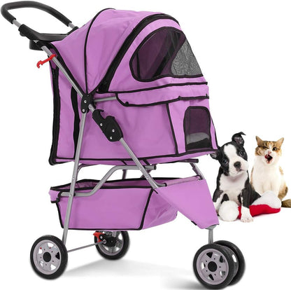 3-Wheel Pet Stroller, Lightweight Foldable Dog Stroller for Small Medium Dogs & Cats, Breathable Mesh & Weather Cover with Storage Basket, for Daily Walk Outdoor Travel (Black)