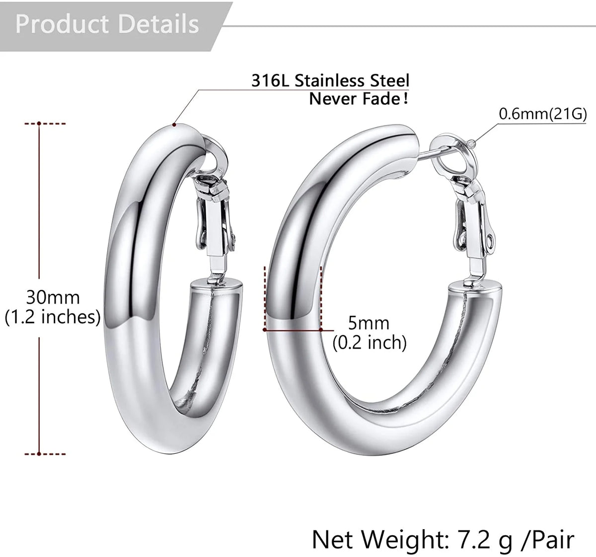 Chunky Hoop Earrings for Women Stainless Steel Jewelry Silver Large Earring 30mm Birthday Christmas Gift for Daughter Wife