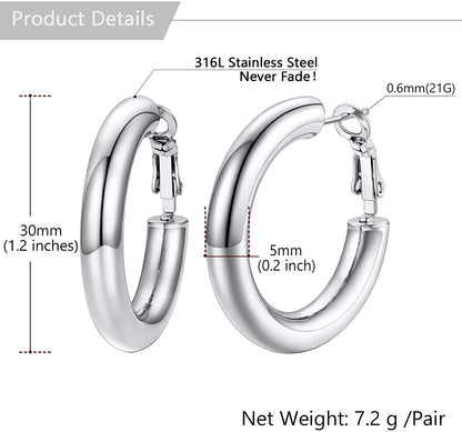 Chunky Hoop Earrings for Women Stainless Steel Jewelry Silver Large Earring 30mm Birthday Christmas Gift for Daughter Wife