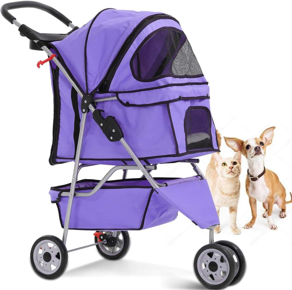 3-Wheel Pet Stroller, Lightweight Foldable Dog Stroller for Small Medium Dogs & Cats, Breathable Mesh & Weather Cover with Storage Basket, for Daily Walk Outdoor Travel (Black)