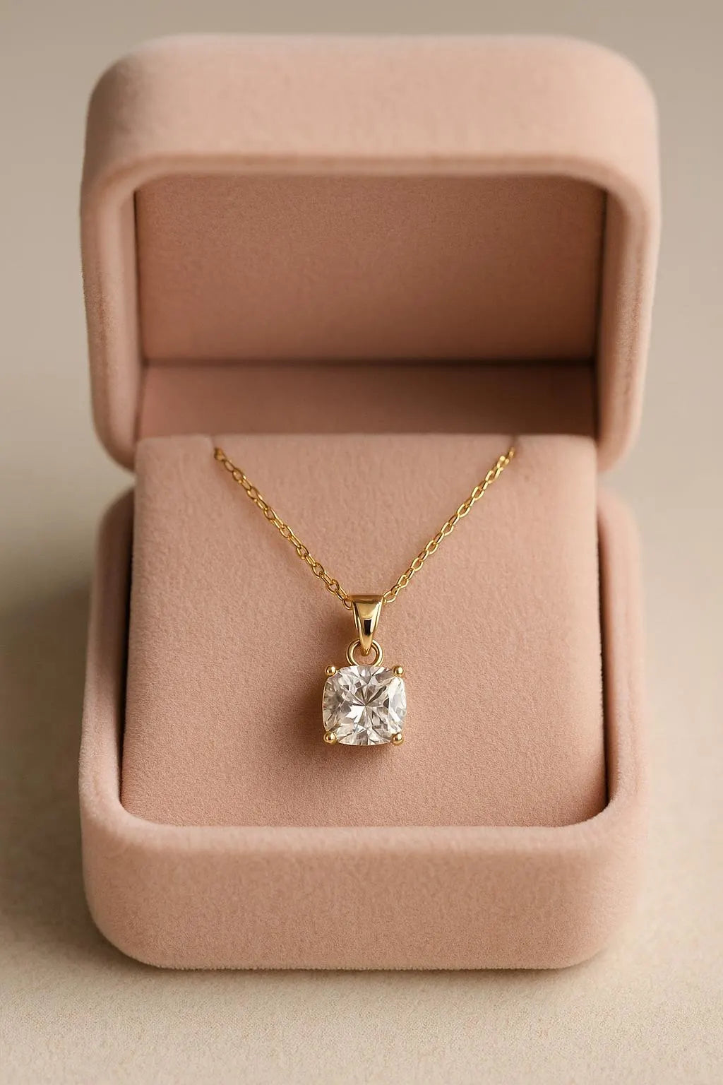 Cushion Cut Solitaire Pendant Necklace: 14K Gold-Plated Minimalist Jewelry