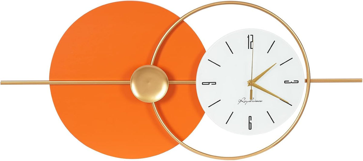 Large Wall Clock round Decorative Art Clock Silent Battery Operated Wall Clock Modern Wall Decor Clocks for Home Living Room for Home Living Room Bedroom Kitchen Office Decoration, Gold & Orange