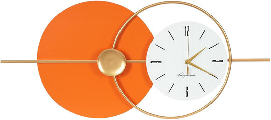 Large Wall Clock round Decorative Art Clock Silent Battery Operated Wall Clock Modern Wall Decor Clocks for Home Living Room for Home Living Room Bedroom Kitchen Office Decoration, Gold & Orange
