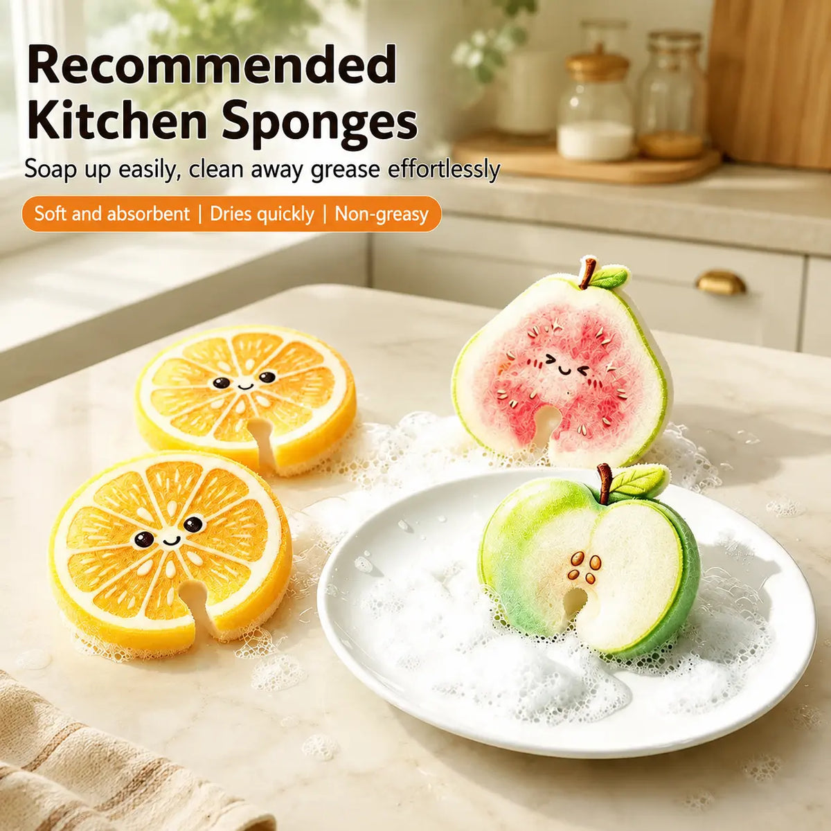 Compressed Cellulose Sponges - 3-Pack Fruit-Shaped Natural Pop-Up Kitchen Sponges, Compostable Plant-Based Non-Scratch Cleaning Tools for Dishes & Household Use