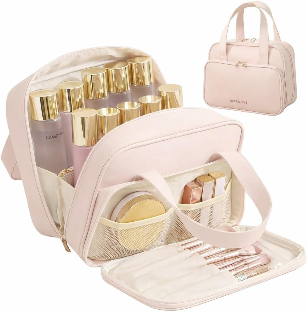 Travel Makeup Bag for Women, Waterproof PU Leather Cosmetic Organizer with Handle, Large Capacity Toiletry Bag with Wide-Open & Multiple Compartments for Travel Accessories & Essentials (GREEN)