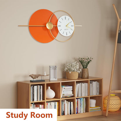Large Wall Clock round Decorative Art Clock Silent Battery Operated Wall Clock Modern Wall Decor Clocks for Home Living Room for Home Living Room Bedroom Kitchen Office Decoration, Gold & Orange