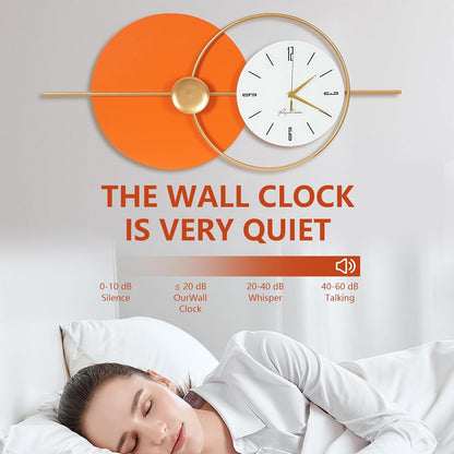 Large Wall Clock round Decorative Art Clock Silent Battery Operated Wall Clock Modern Wall Decor Clocks for Home Living Room for Home Living Room Bedroom Kitchen Office Decoration, Gold & Orange