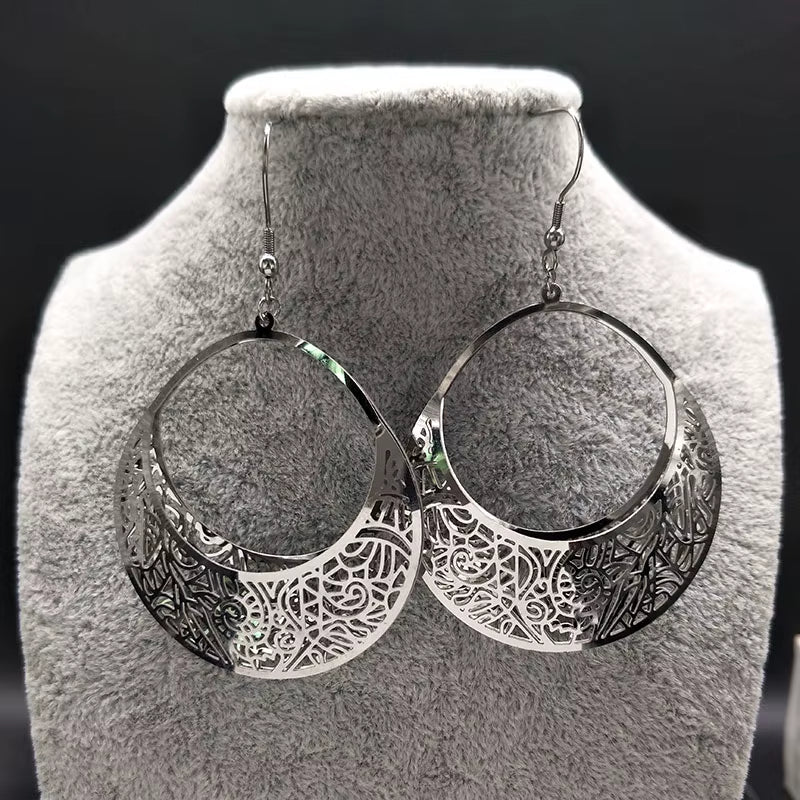 Fashion Big Stainless Steel Drop Earrings for Women Jewelry Silver Color Flower Statement Earrings Aretes Largos E1653S01