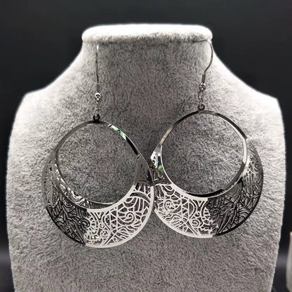 Fashion Big Stainless Steel Drop Earrings for Women Jewelry Silver Color Flower Statement Earrings Aretes Largos E1653S01
