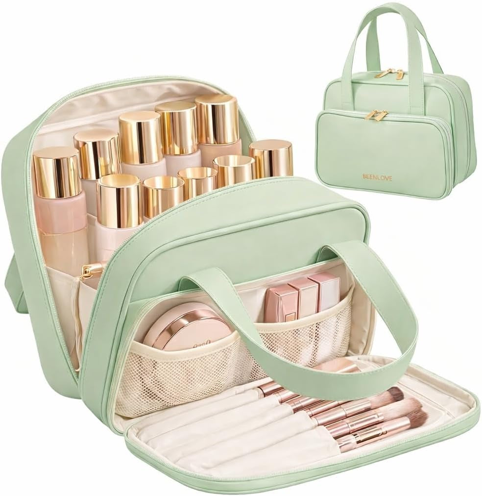 Travel Makeup Bag for Women, Waterproof PU Leather Cosmetic Organizer with Handle, Large Capacity Toiletry Bag with Wide-Open & Multiple Compartments for Travel Accessories & Essentials (GREEN)