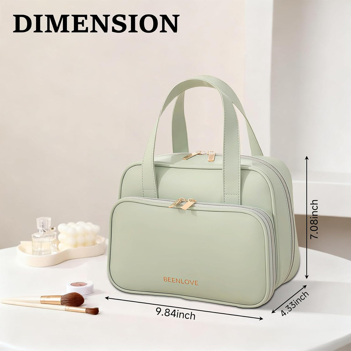 Travel Makeup Bag for Women, Waterproof PU Leather Cosmetic Organizer with Handle, Large Capacity Toiletry Bag with Wide-Open & Multiple Compartments for Travel Accessories & Essentials (GREEN)