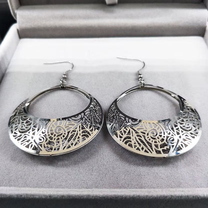 Fashion Big Stainless Steel Drop Earrings for Women Jewelry Silver Color Flower Statement Earrings Aretes Largos E1653S01