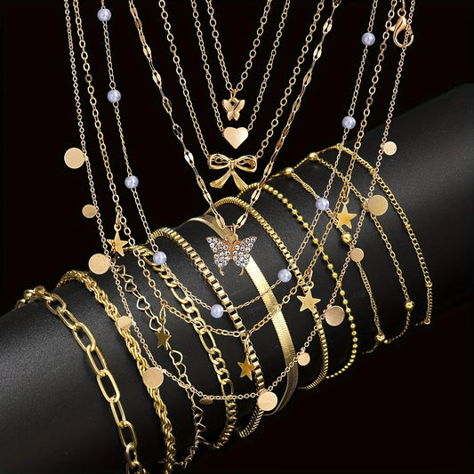 17Pcs Fashion Minimalist Jewelry Set for Women Vintage Twist Snake Bone Heart Butterfly Star Pendant Necklace Bracelet Sets Gift