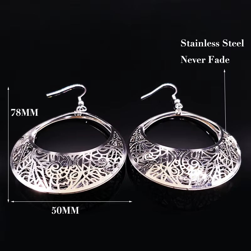 Fashion Big Stainless Steel Drop Earrings for Women Jewelry Silver Color Flower Statement Earrings Aretes Largos E1653S01