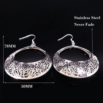 Fashion Big Stainless Steel Drop Earrings for Women Jewelry Silver Color Flower Statement Earrings Aretes Largos E1653S01