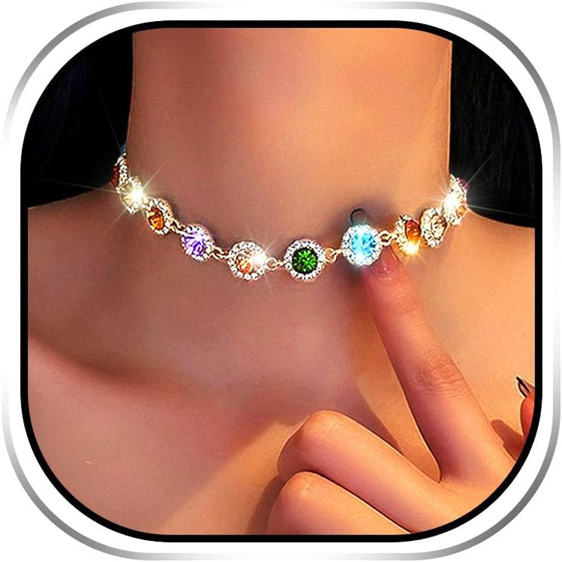 Rainbow Crystal Choker Necklace Bling Rhinestone Necklaces for Women