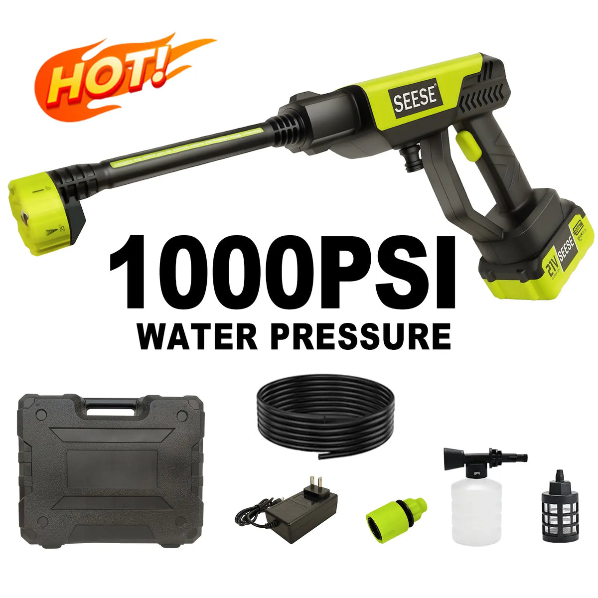 SEESE Cordless Pressure Washer Gun, 1000 PSI Portable Electric Washer for Vehicle, Driveway & Deck - Ergonomic Handle Design with 30min Runtime & 6-in-1 Nozzle