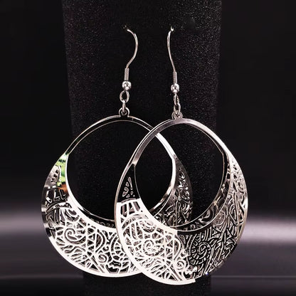 Fashion Big Stainless Steel Drop Earrings for Women Jewelry Silver Color Flower Statement Earrings Aretes Largos E1653S01