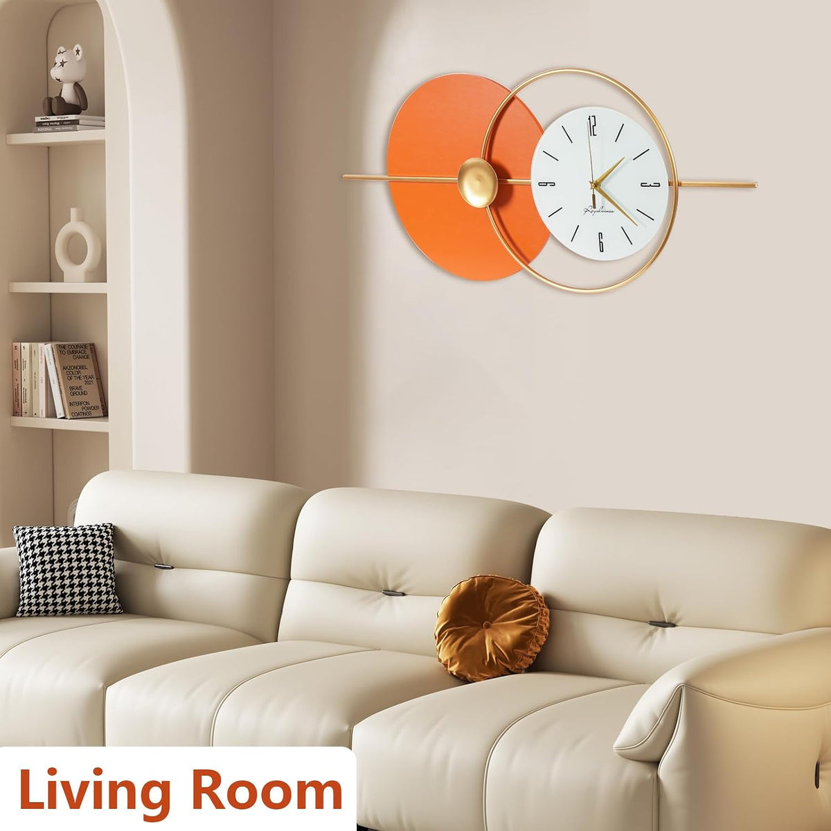 Large Wall Clock round Decorative Art Clock Silent Battery Operated Wall Clock Modern Wall Decor Clocks for Home Living Room for Home Living Room Bedroom Kitchen Office Decoration, Gold & Orange