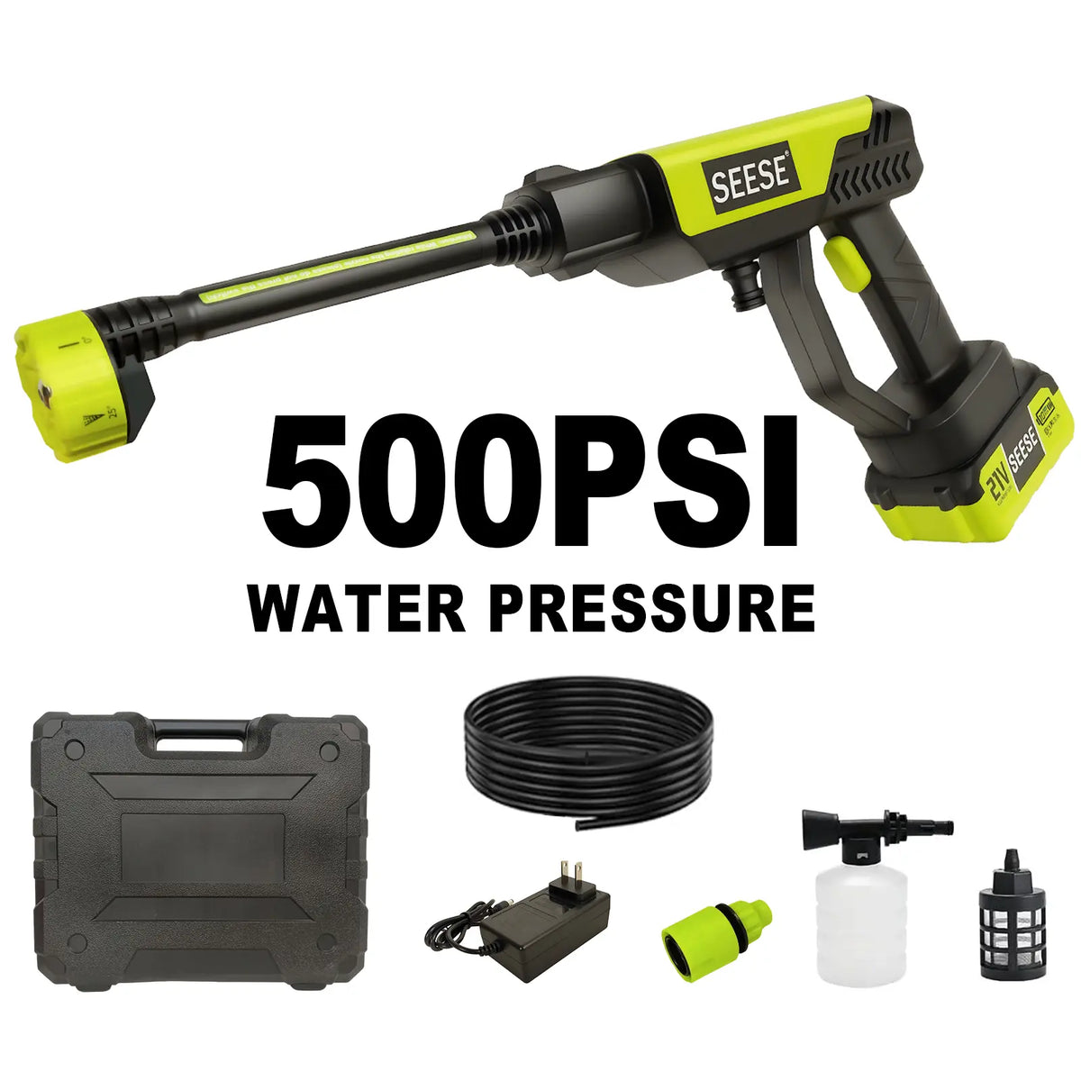 SEESE Cordless Pressure Washer Gun, 1000 PSI Portable Electric Washer for Vehicle, Driveway & Deck - Ergonomic Handle Design with 30min Runtime & 6-in-1 Nozzle