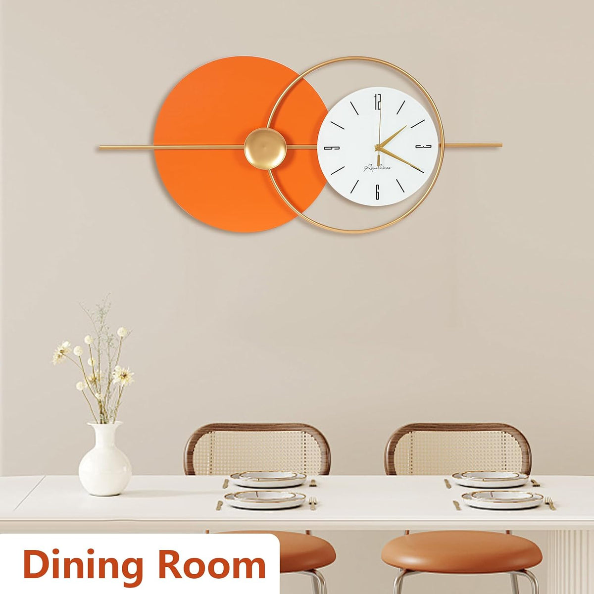 Large Wall Clock round Decorative Art Clock Silent Battery Operated Wall Clock Modern Wall Decor Clocks for Home Living Room for Home Living Room Bedroom Kitchen Office Decoration, Gold & Orange