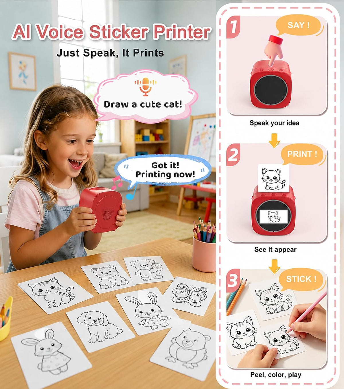 AI Voice Sticker Maker for Kids, Screen Preview Thermal Printer with Wifi