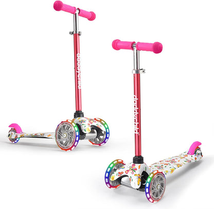 3-Wheel Kick Scooter for Kids Ages 3-8 Lean-To-Steer Toddler Scooter with Extra Wide Light up Wheels, 4 Adjustable Heights, Foldable Scooters for Boys & Girls, Max Weight 110Lbs
