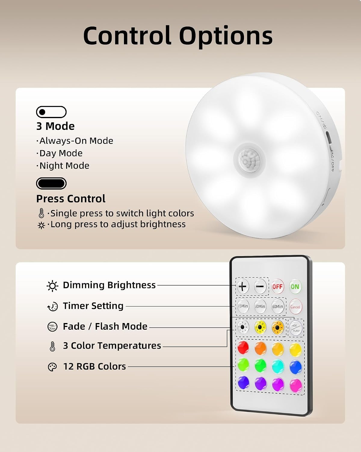 1-Pack under Cabinet Lighting, Rechargeable Motion Sensor Puck Lights, 3 Color Temps & 12 RGB Colors, Magnetic Stick on Light, Dimmable under Counter Lights (Remote Control Not Included)