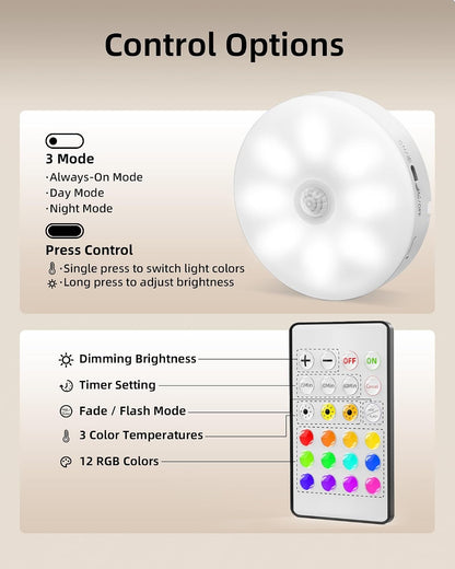 1-Pack under Cabinet Lighting, Rechargeable Motion Sensor Puck Lights, 3 Color Temps & 12 RGB Colors, Magnetic Stick on Light, Dimmable under Counter Lights (Remote Control Not Included)