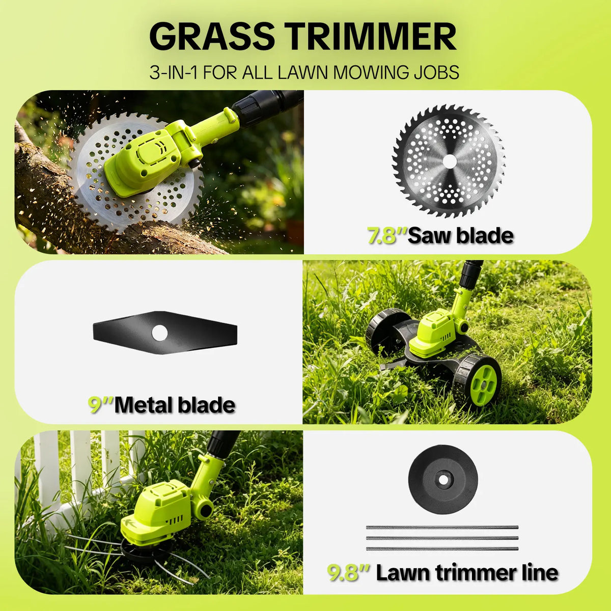 SEESE Cordless Electric Weed Wacker, 3 Different Blades for Lawn Trimming & Edging, with 2 Batteries, Lightweight Design - Suitable for Yard, Garden​