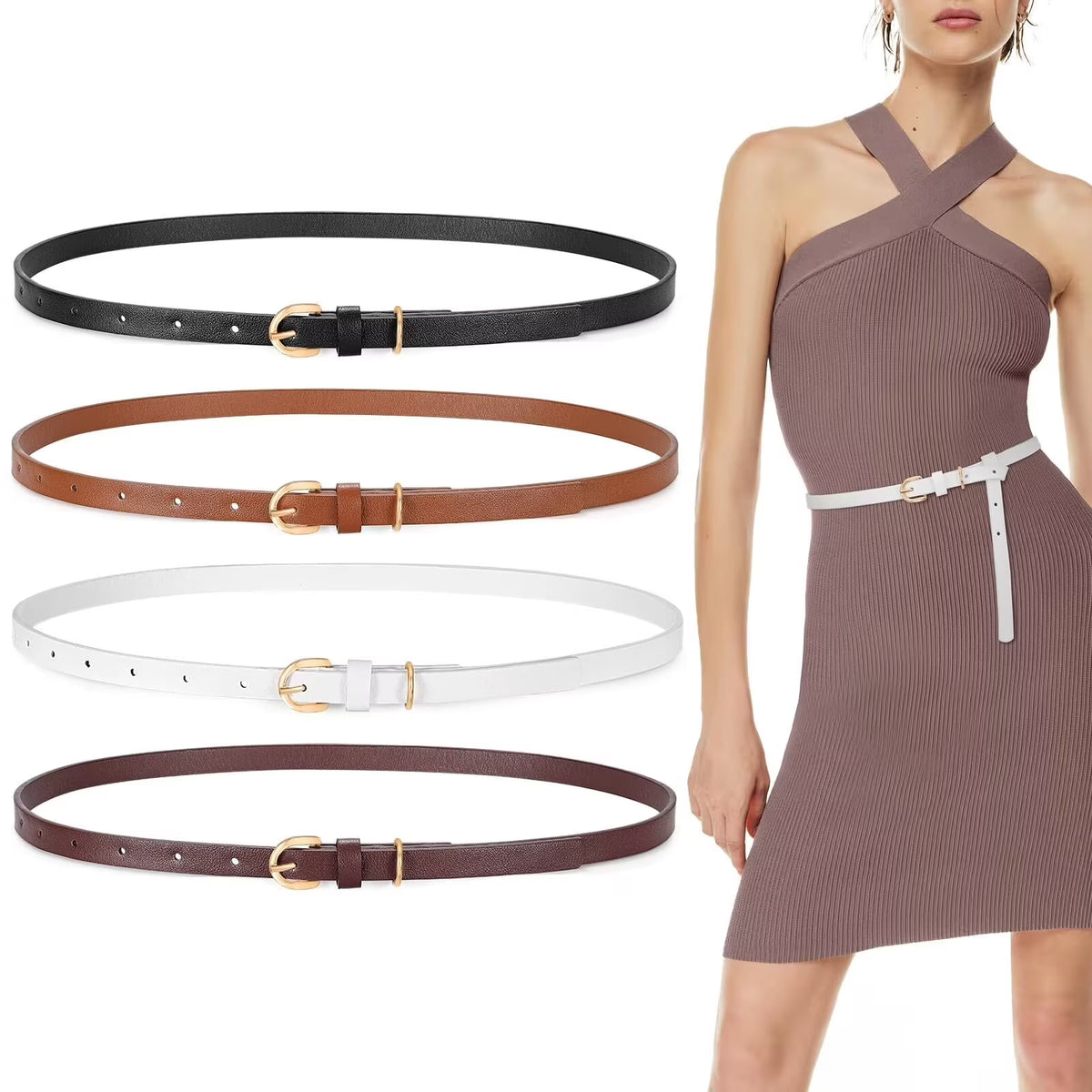 4Pack Skinny Leather Belt Women Thin Waist Belt Ladies Belt for Jeans Pants Dress