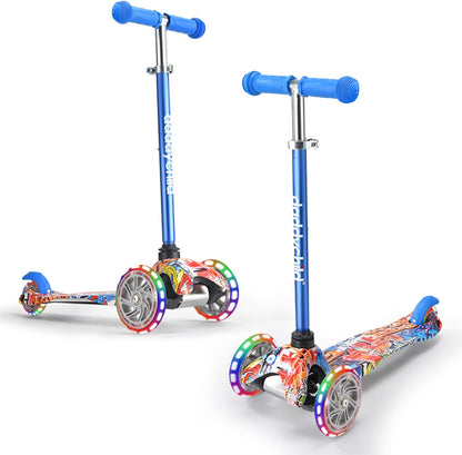 3-Wheel Kick Scooter for Kids Ages 3-8 Lean-To-Steer Toddler Scooter with Extra Wide Light up Wheels, 4 Adjustable Heights, Foldable Scooters for Boys & Girls, Max Weight 110Lbs