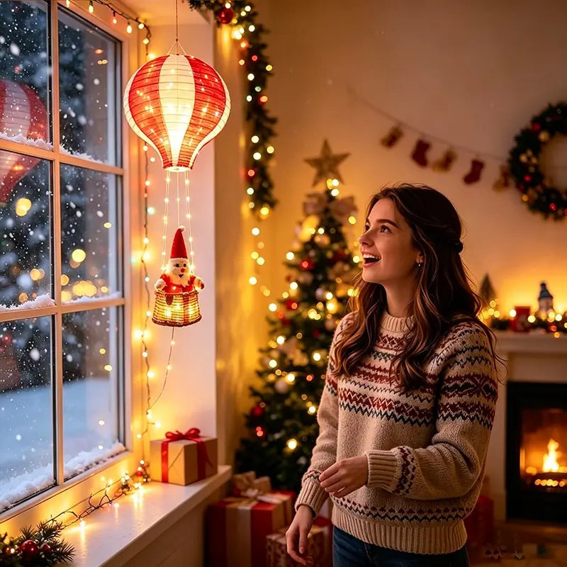 Christmas Hot Air Balloon Lantern, Battery-Powered Santa Lantern, Remote Control, 8 Light Modes, Indoor Outdoor Holiday Decor, Christmas Decorations Party, Christmas Gift, Women's Gift
