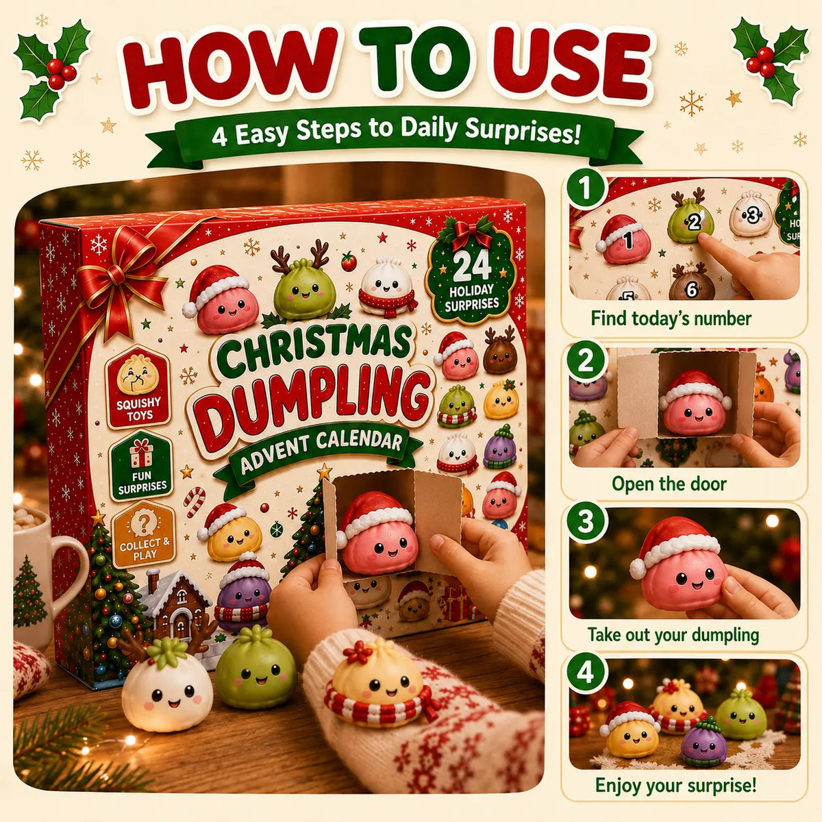 Christmas Mini Squishies Advent Calendar 2026, 24-Day Dumpling Squishy Toy Countdown Calendar with Glitter Squeeze Toys, Holiday Gift for Kids