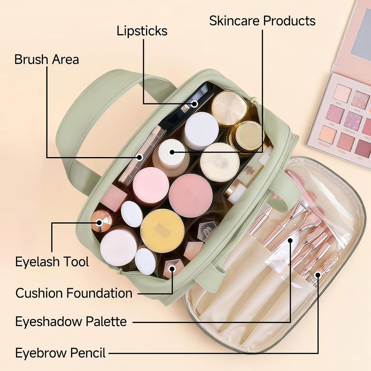 Travel Makeup Bag for Women, Waterproof PU Leather Cosmetic Organizer with Handle, Large Capacity Toiletry Bag with Wide-Open & Multiple Compartments for Travel Accessories & Essentials (GREEN)