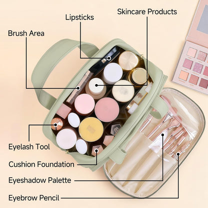 Travel Makeup Bag for Women, Waterproof PU Leather Cosmetic Organizer with Handle, Large Capacity Toiletry Bag with Wide-Open & Multiple Compartments for Travel Accessories & Essentials (GREEN)