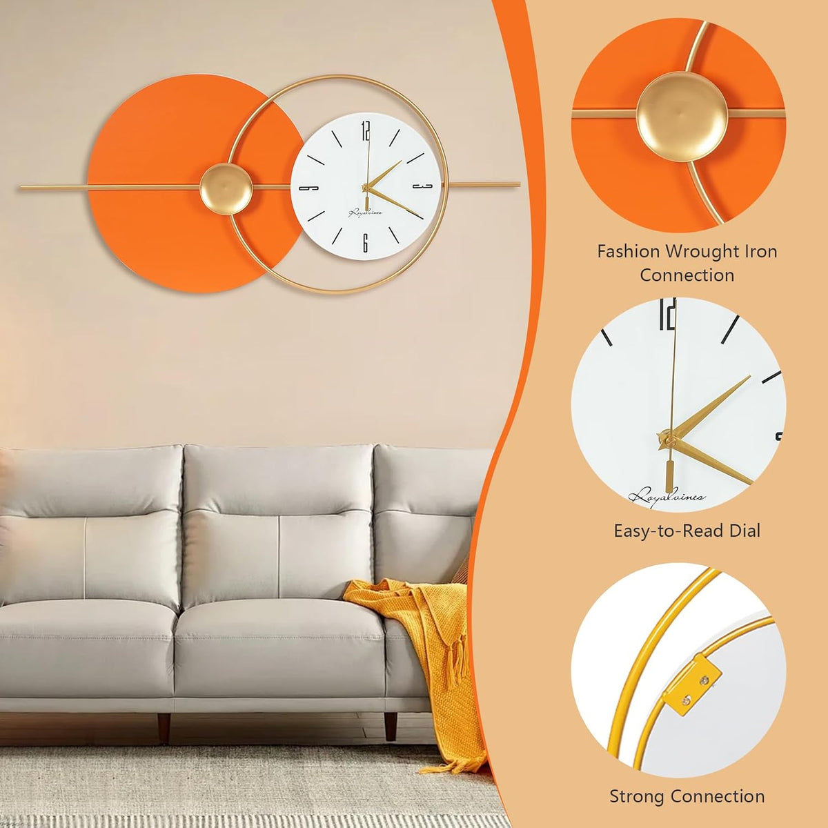 Large Wall Clock round Decorative Art Clock Silent Battery Operated Wall Clock Modern Wall Decor Clocks for Home Living Room for Home Living Room Bedroom Kitchen Office Decoration, Gold & Orange