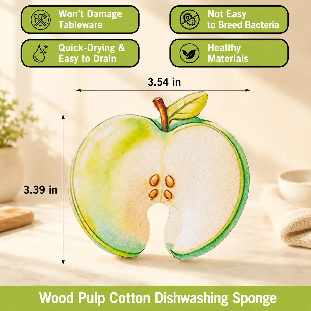 Compressed Cellulose Sponges - 3-Pack Fruit-Shaped Natural Pop-Up Kitchen Sponges, Compostable Plant-Based Non-Scratch Cleaning Tools for Dishes & Household Use