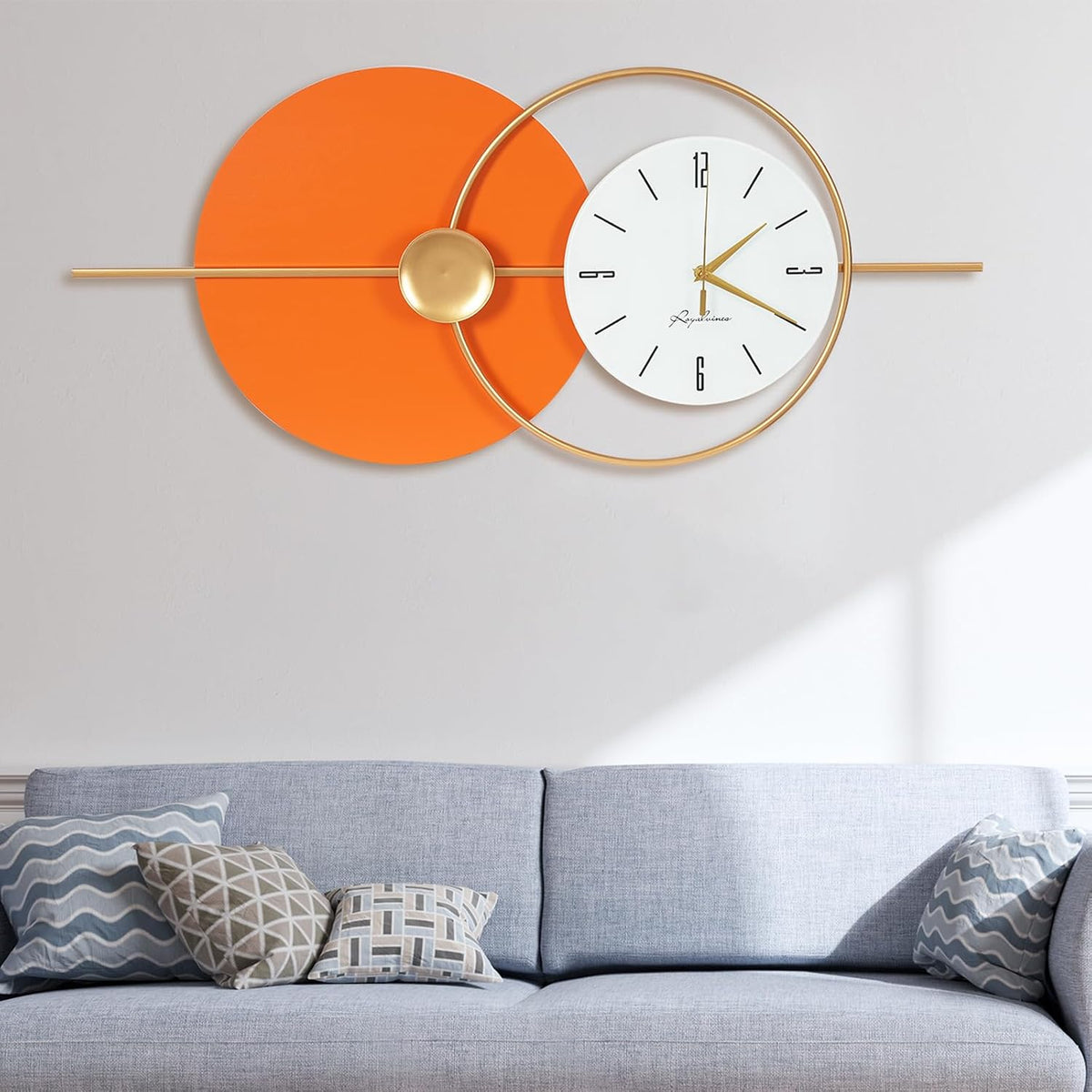 Large Wall Clock round Decorative Art Clock Silent Battery Operated Wall Clock Modern Wall Decor Clocks for Home Living Room for Home Living Room Bedroom Kitchen Office Decoration, Gold & Orange