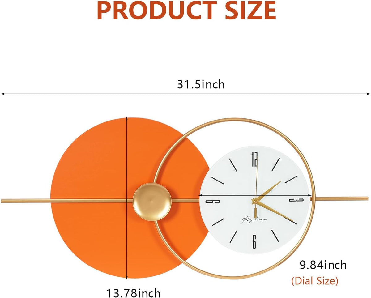 Large Wall Clock round Decorative Art Clock Silent Battery Operated Wall Clock Modern Wall Decor Clocks for Home Living Room for Home Living Room Bedroom Kitchen Office Decoration, Gold & Orange