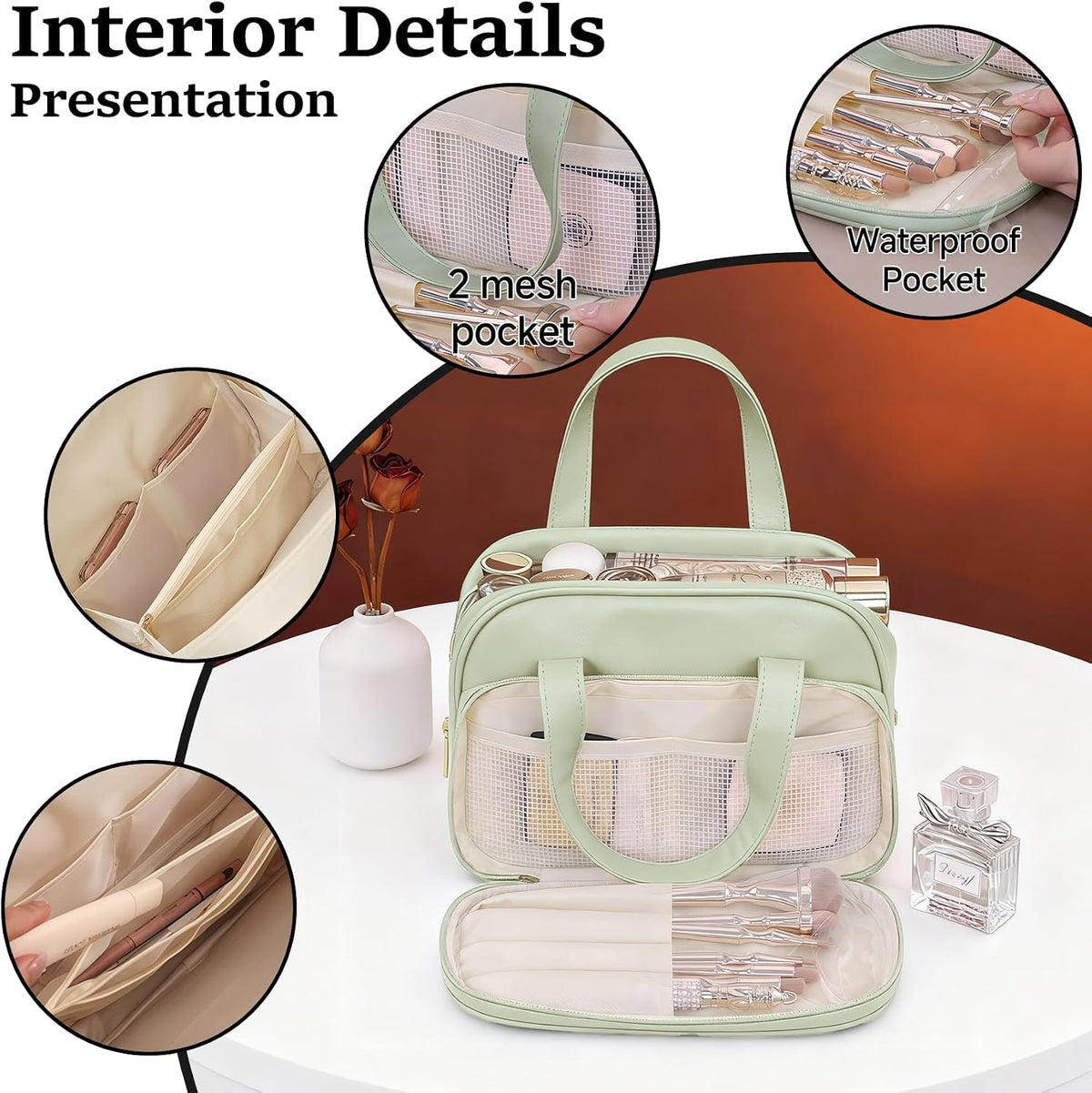 Travel Makeup Bag for Women, Waterproof PU Leather Cosmetic Organizer with Handle, Large Capacity Toiletry Bag with Wide-Open & Multiple Compartments for Travel Accessories & Essentials (GREEN)