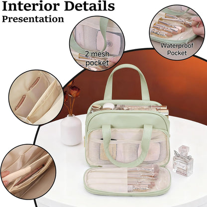 Travel Makeup Bag for Women, Waterproof PU Leather Cosmetic Organizer with Handle, Large Capacity Toiletry Bag with Wide-Open & Multiple Compartments for Travel Accessories & Essentials (GREEN)