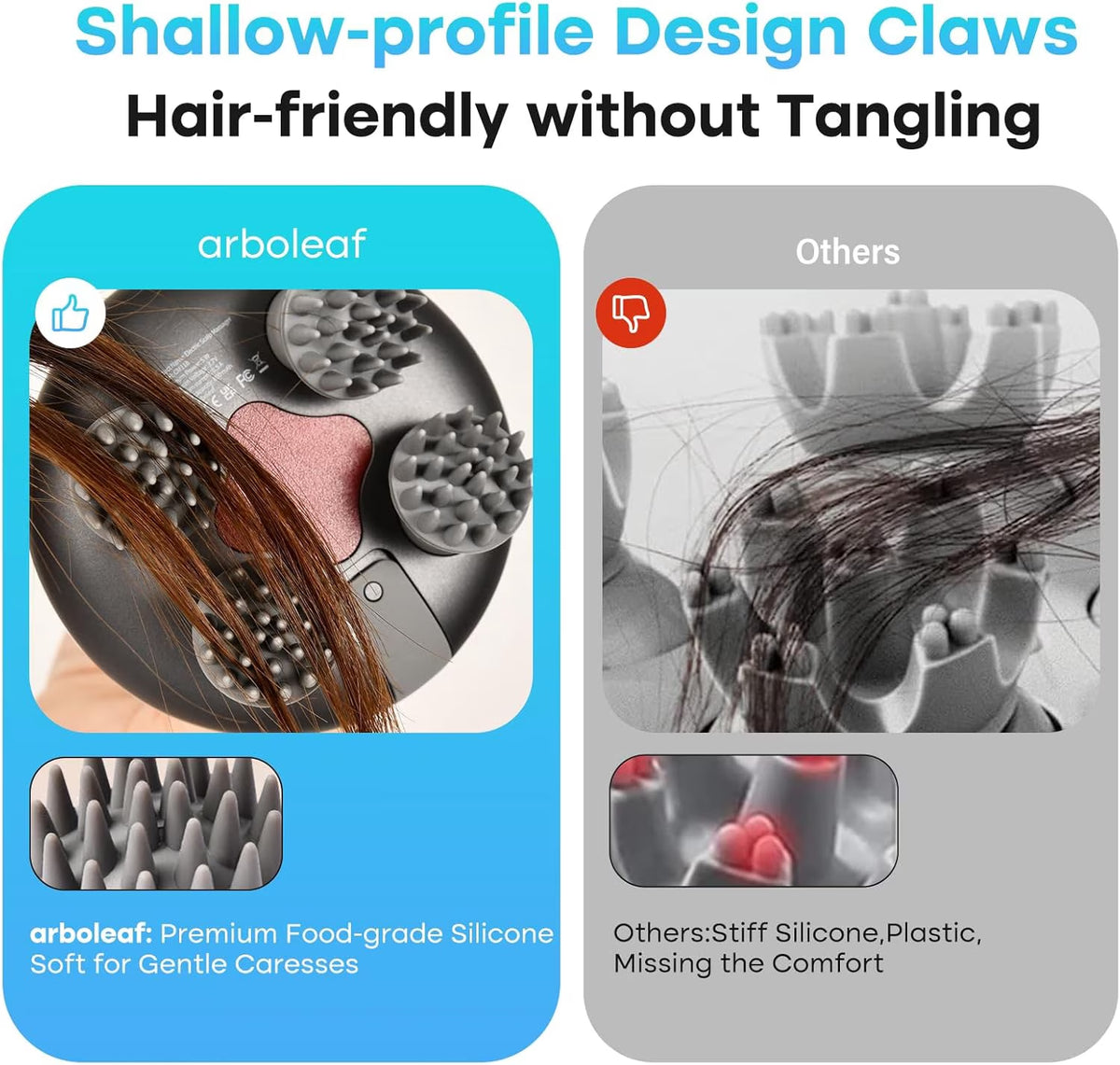 Scalp Massager Brush Handheld Waterproof with 8 Removable Claws - Silver