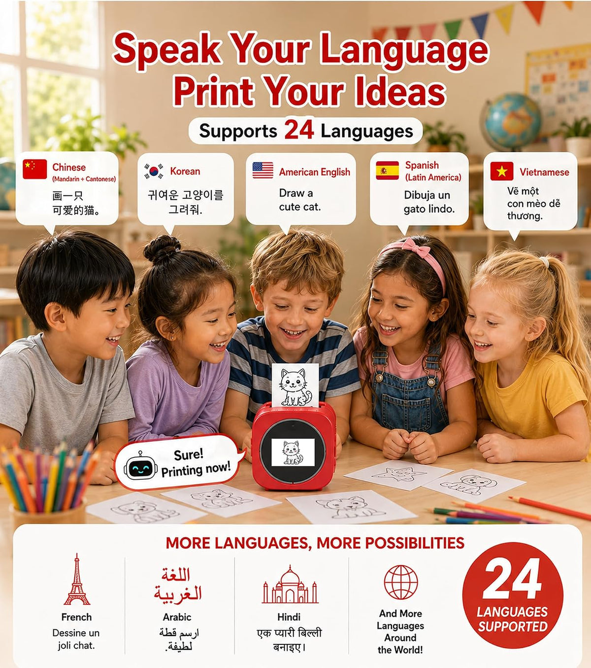 AI Voice Sticker Maker for Kids, Screen Preview Thermal Printer with Wifi