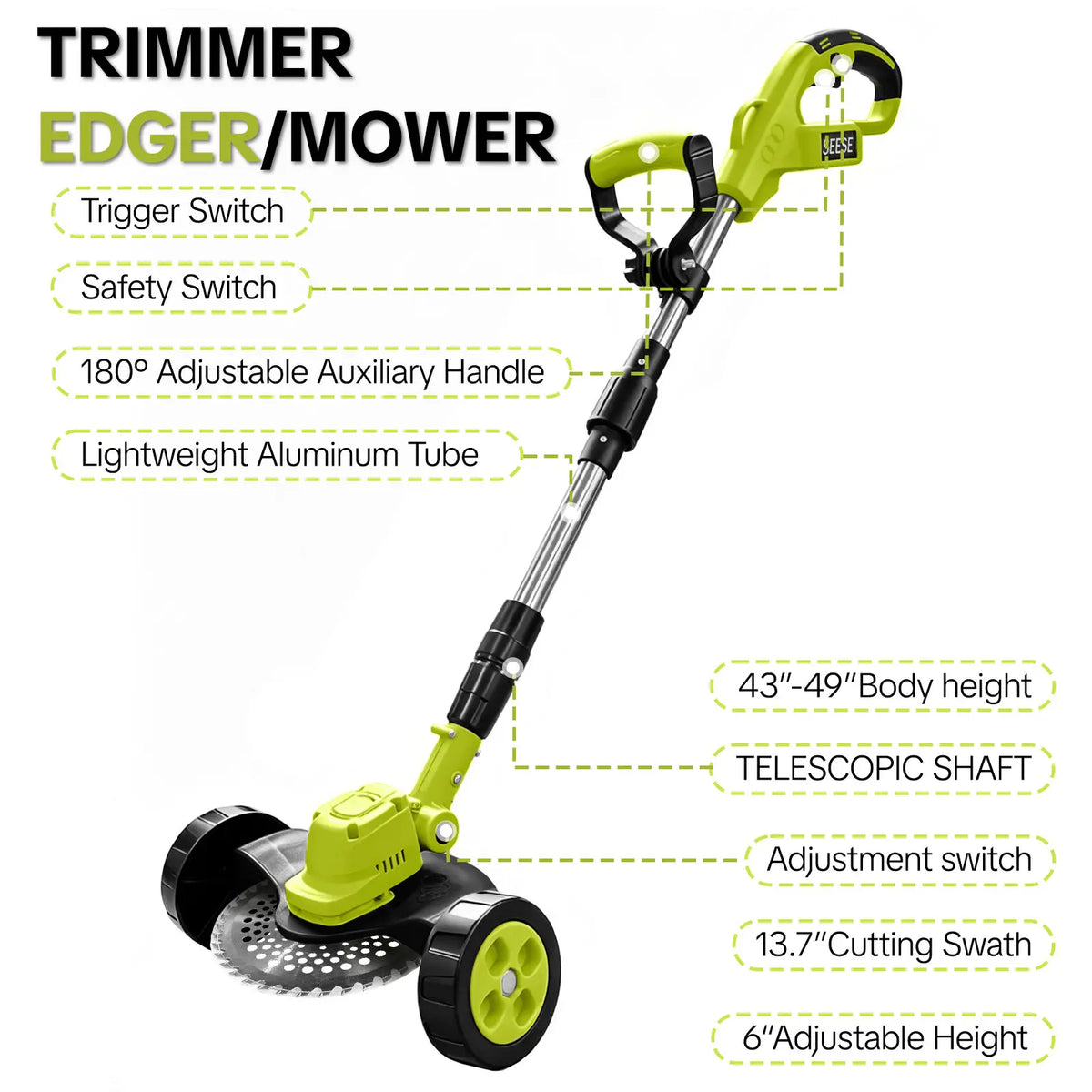 SEESE Cordless Electric Weed Wacker, 3 Different Blades for Lawn Trimming & Edging, with 2 Batteries, Lightweight Design - Suitable for Yard, Garden​