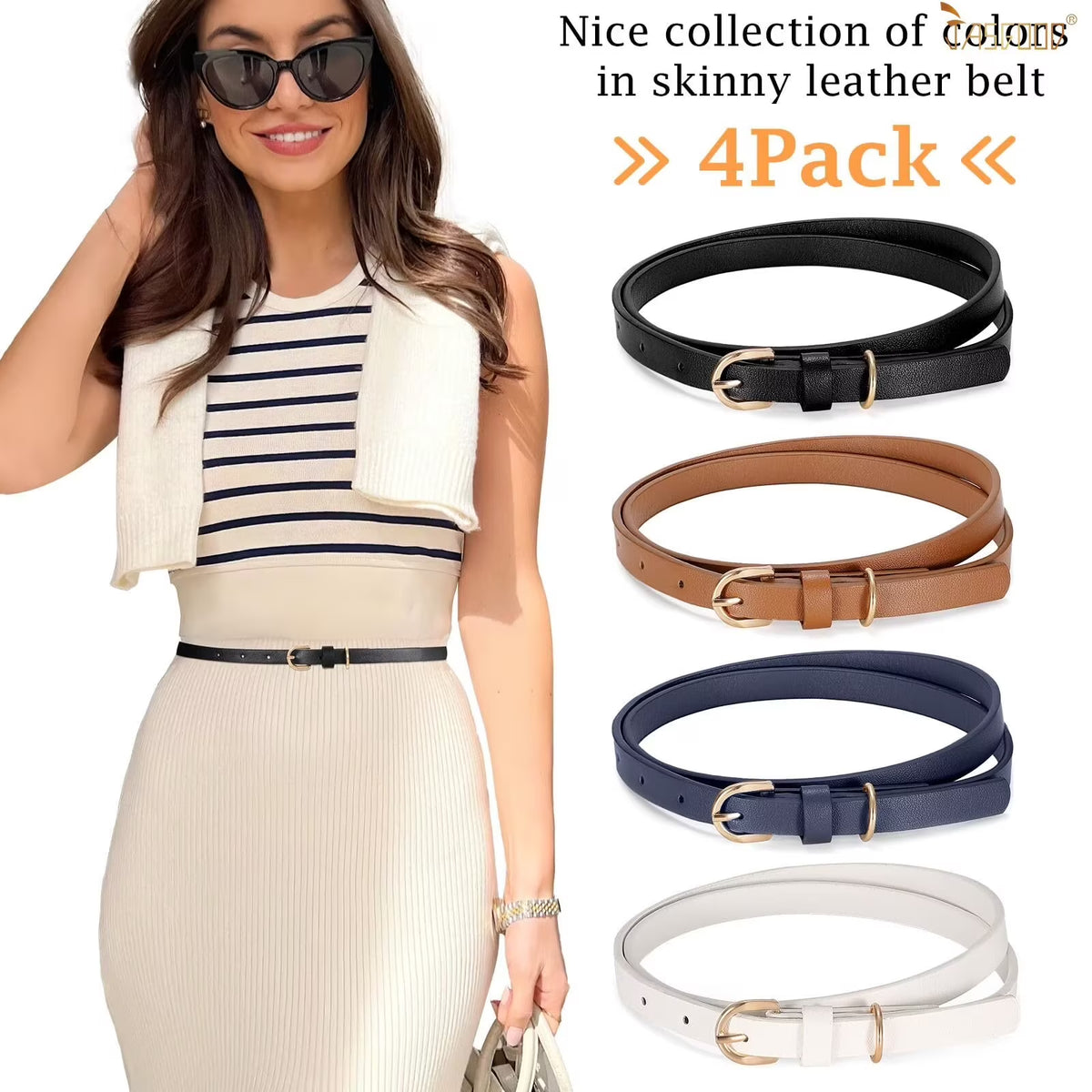 4Pack Skinny Leather Belt Women Thin Waist Belt Ladies Belt for Jeans Pants Dress