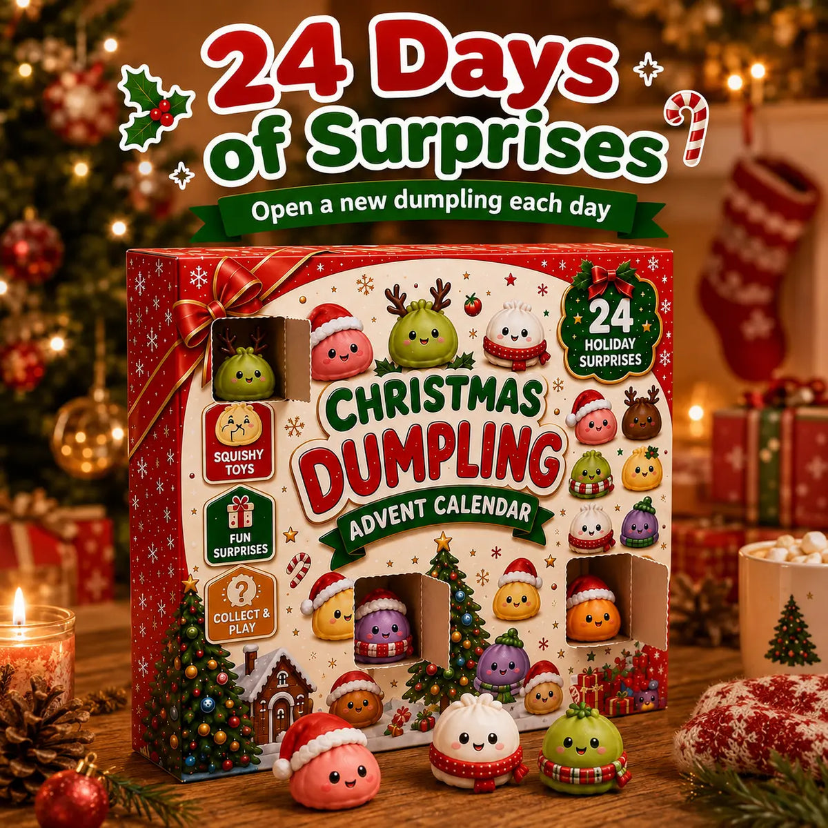 Christmas Mini Squishies Advent Calendar 2026, 24-Day Dumpling Squishy Toy Countdown Calendar with Glitter Squeeze Toys, Holiday Gift for Kids