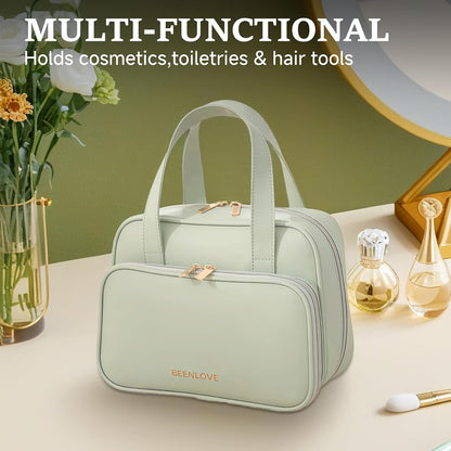 Travel Makeup Bag for Women, Waterproof PU Leather Cosmetic Organizer with Handle, Large Capacity Toiletry Bag with Wide-Open & Multiple Compartments for Travel Accessories & Essentials (GREEN)