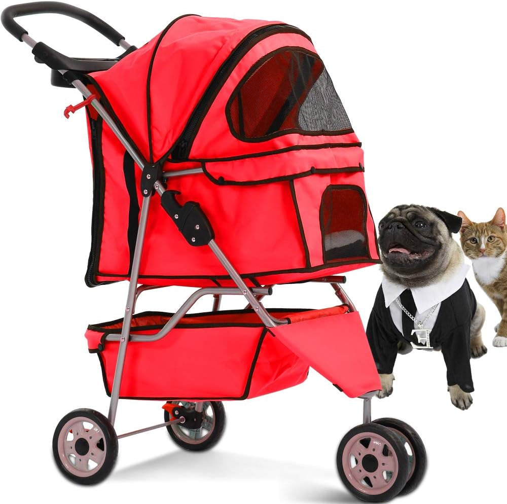 3-Wheel Pet Stroller, Lightweight Foldable Dog Stroller for Small Medium Dogs & Cats, Breathable Mesh & Weather Cover with Storage Basket, for Daily Walk Outdoor Travel (Black)
